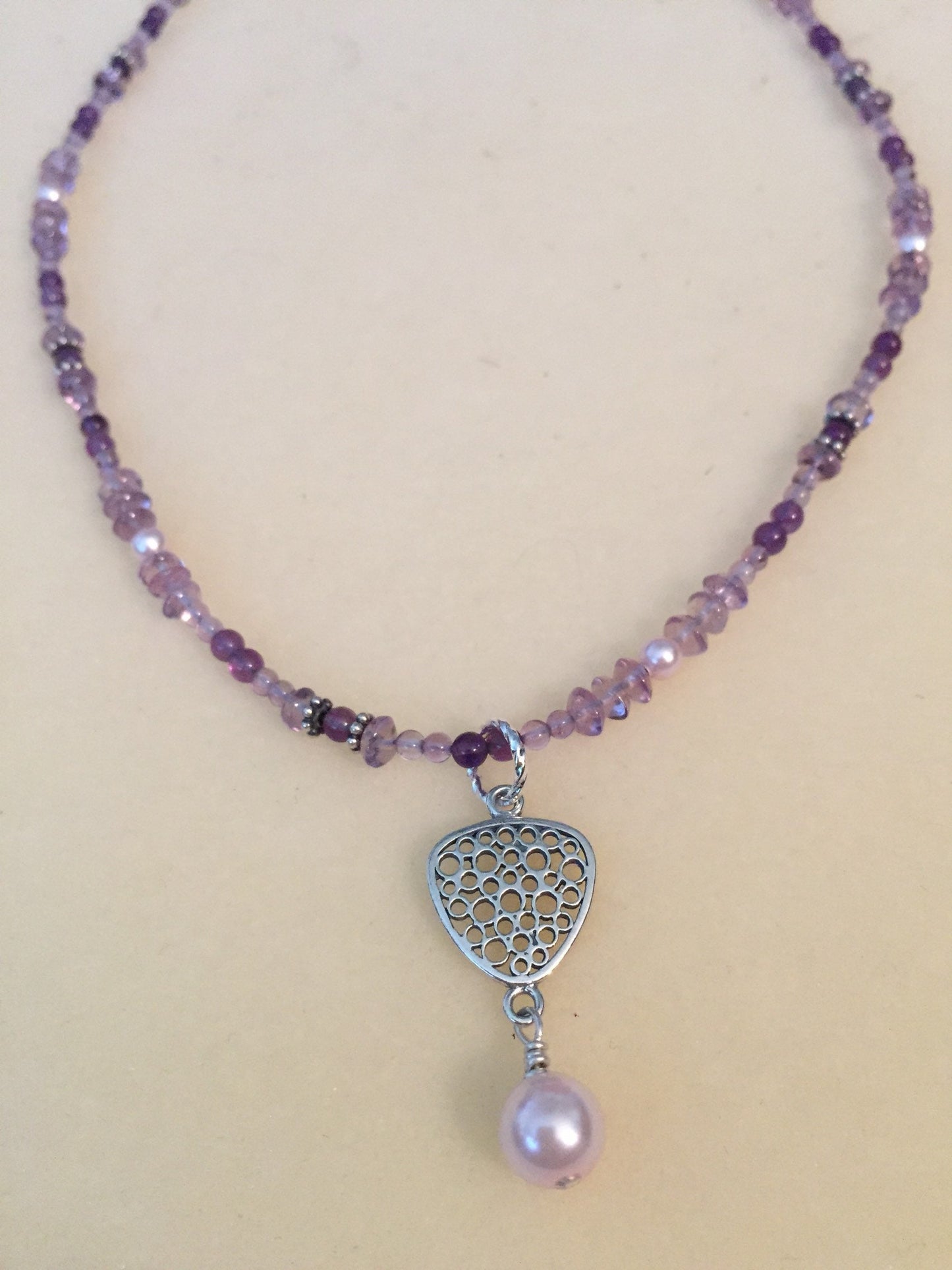 Amethyst and Sterling Silver with Pearl Bead Dangle Pendant
