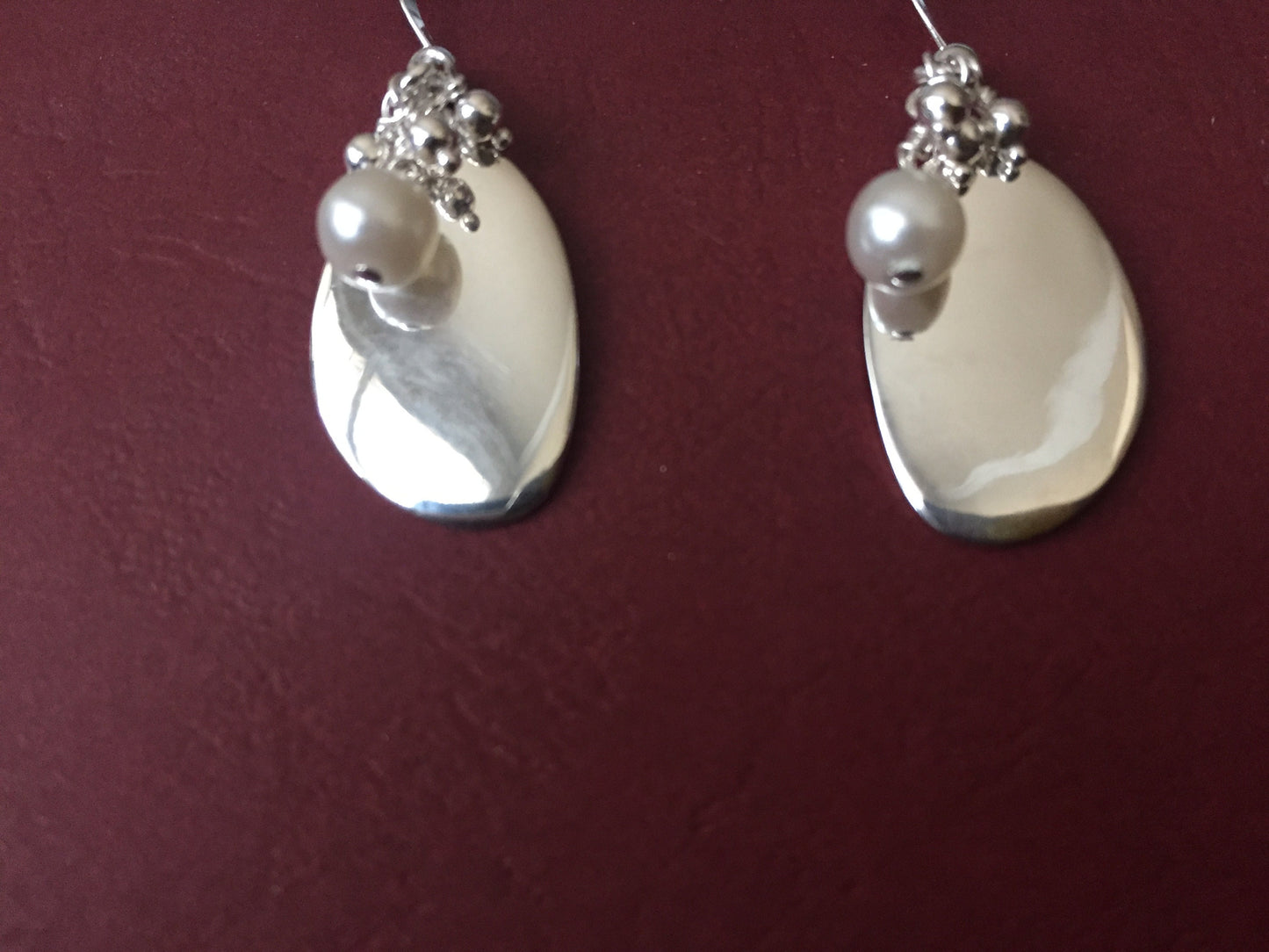 Organic, Modern Shaped Sterling Silver Discs with Pearl and SS Bead Dangle Earrings