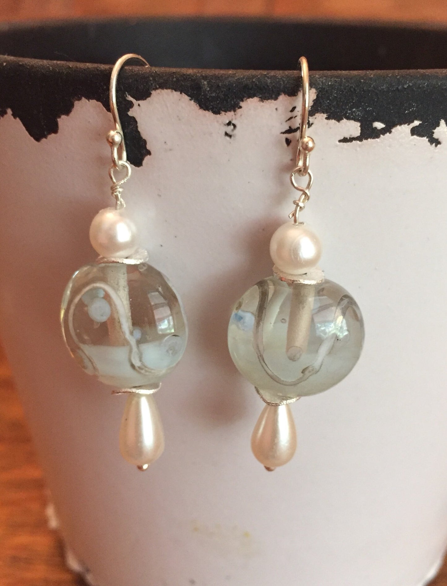Sterling Silver Czech Lampwork and Pearl Beads Earrings