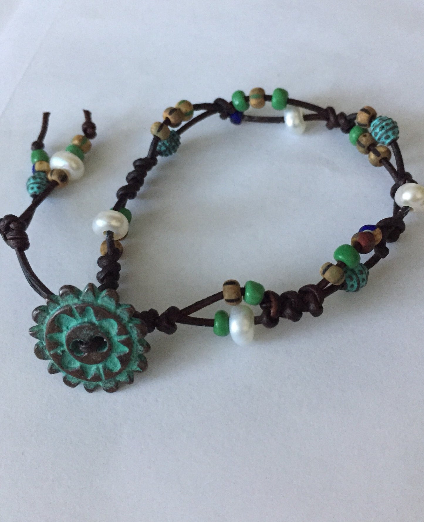 Leather, Pearls and Mykonos Beads Bracelet