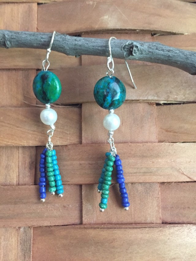 Colorful Azurite Chrysocolla Coin Shaped Bead with Seed Bead Dangles