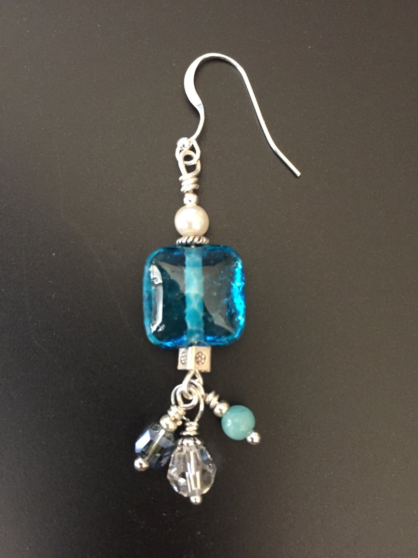Sterling Silver, Blue Glass and Pearl Bead Dangle Earrings