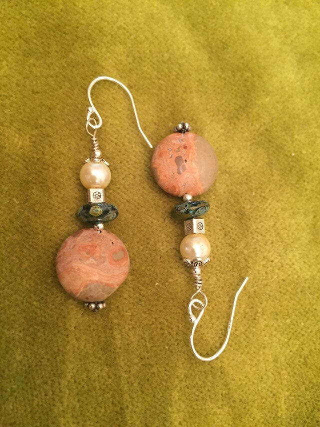 Sterling Silver, Jasper and Czech Glass Dangle Earrings