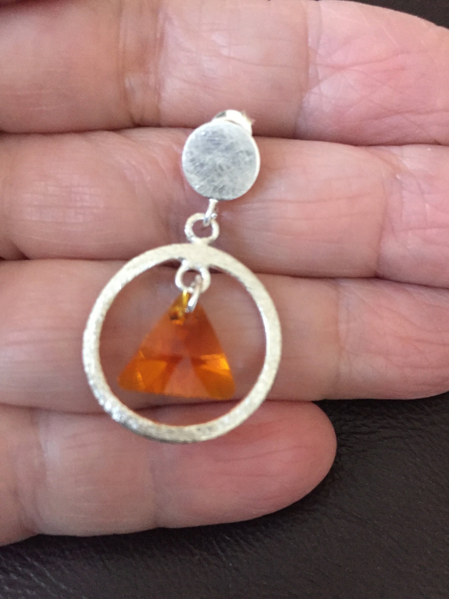 Brushed Sterling Silver Circle with Swarovski Triangle Crystal Earrings