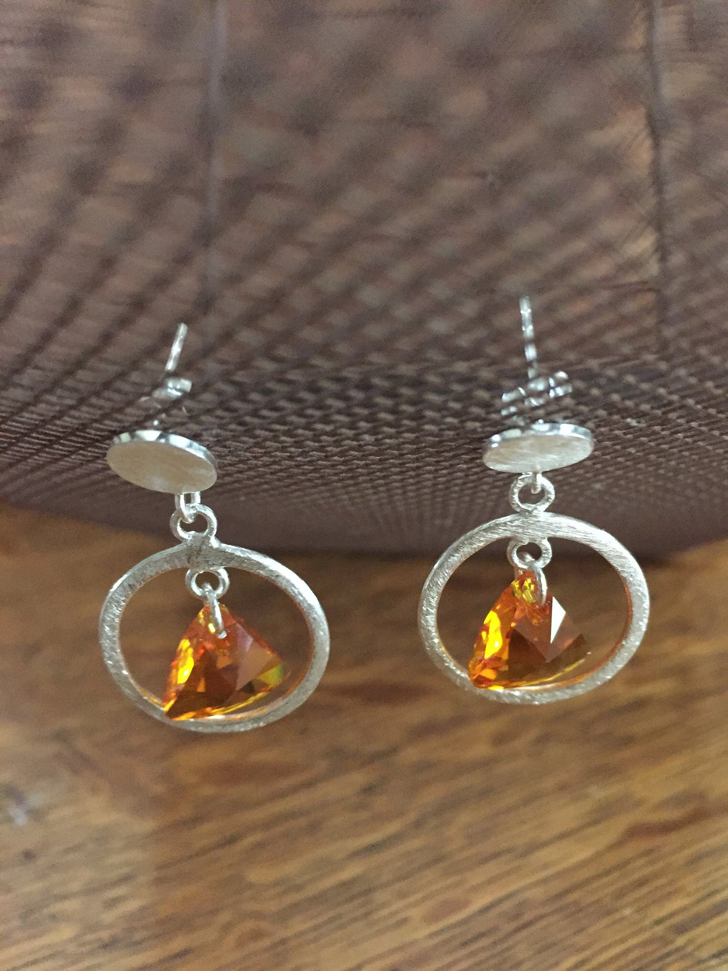 Brushed Sterling Silver Circle with Swarovski Triangle Crystal Earrings