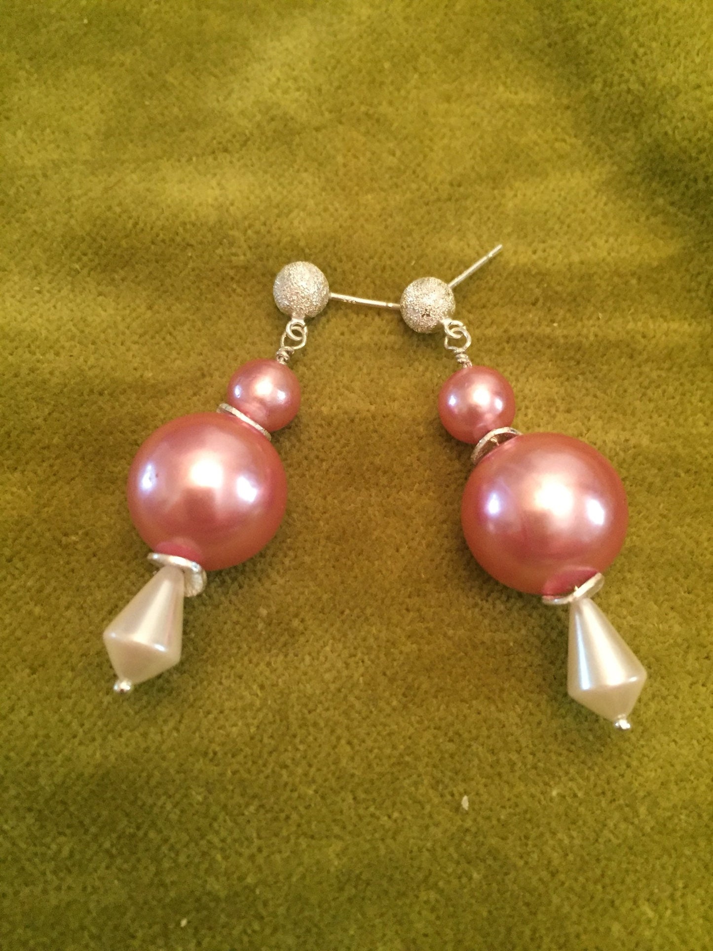 Sterling Silver Pink & White Pearl Bead Dangle Earrings