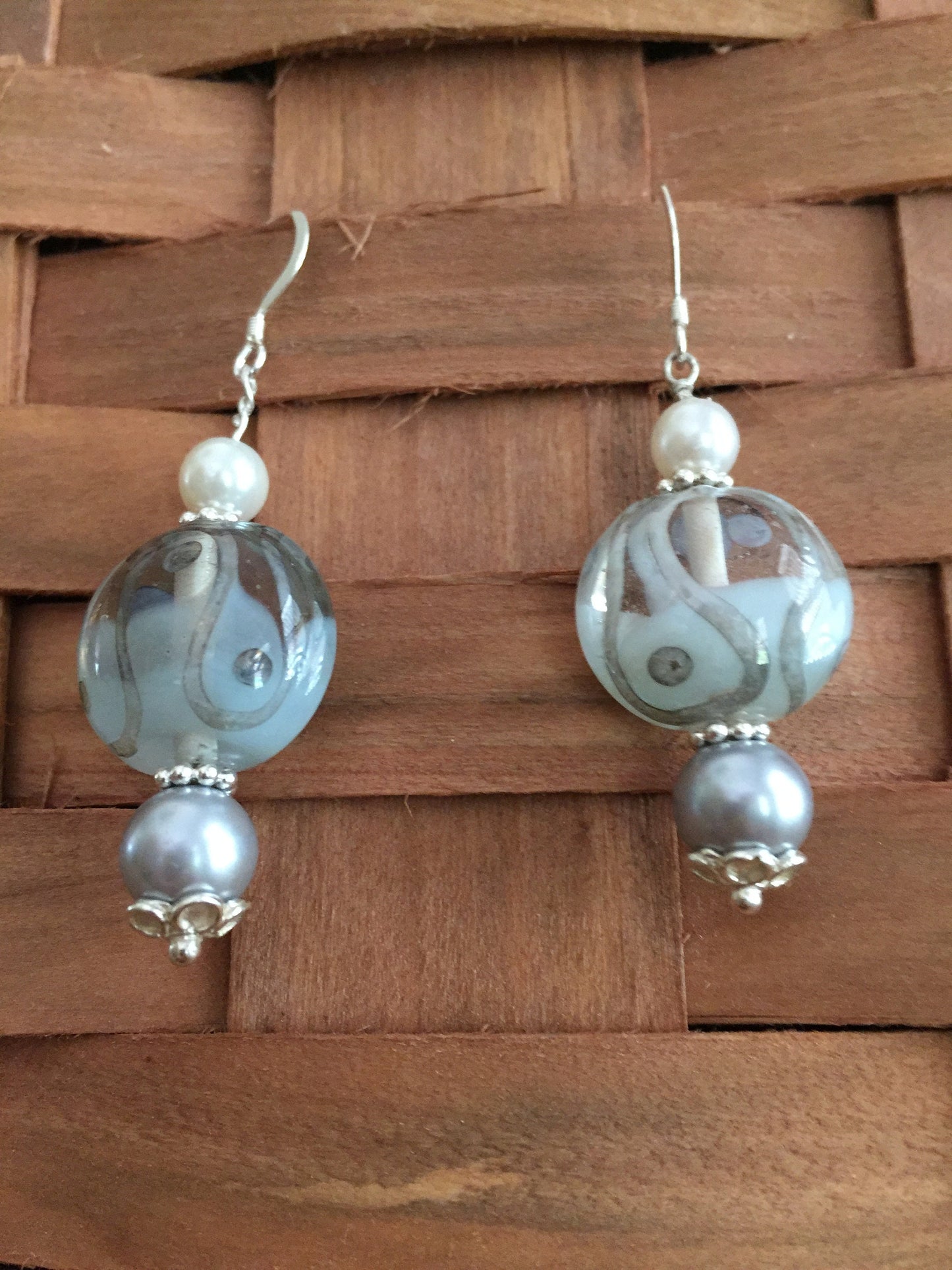 Sterling Silver Czech Lampwork Beads and Pearl Earrings