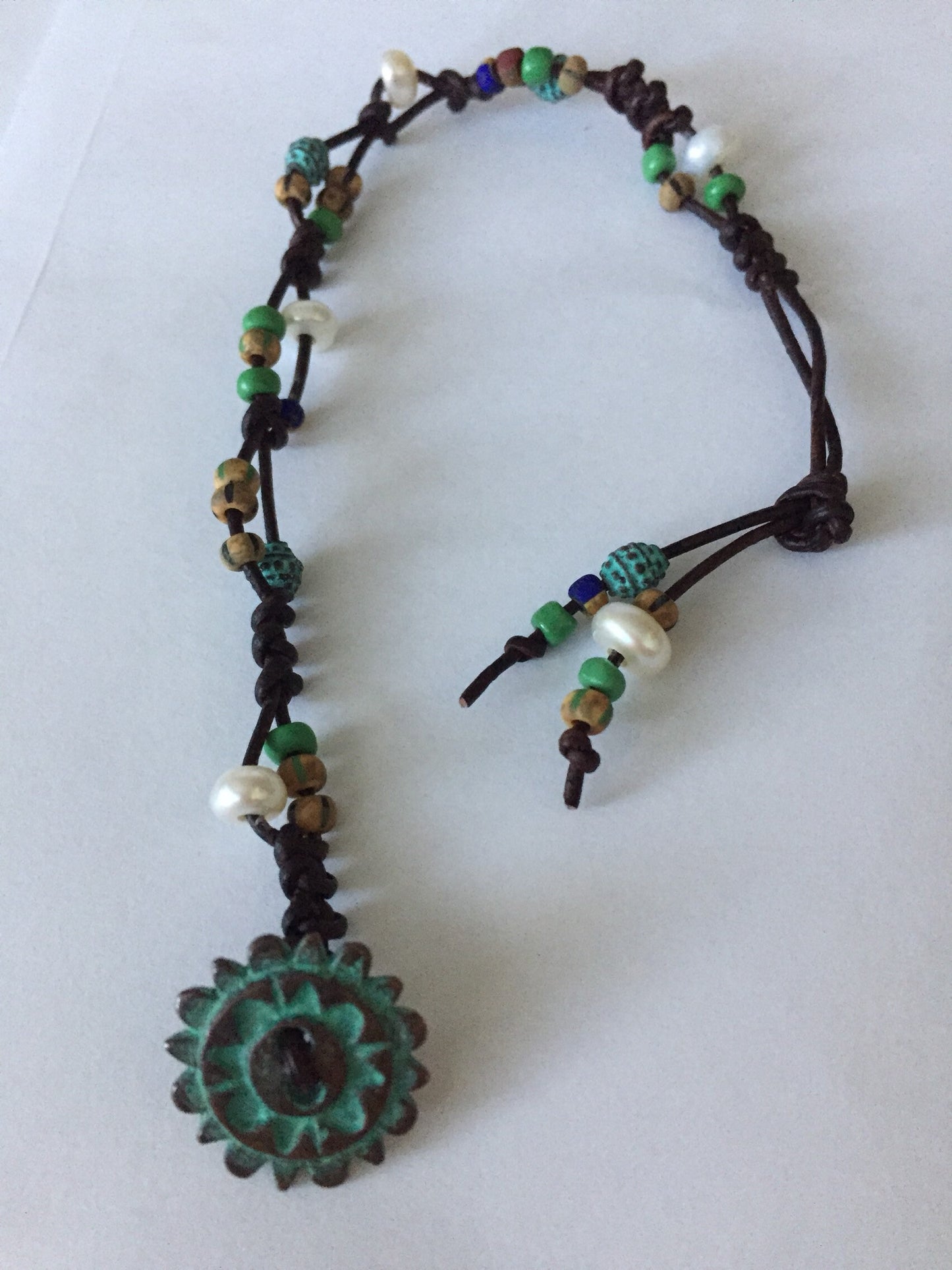 Leather, Pearls and Mykonos Beads Bracelet