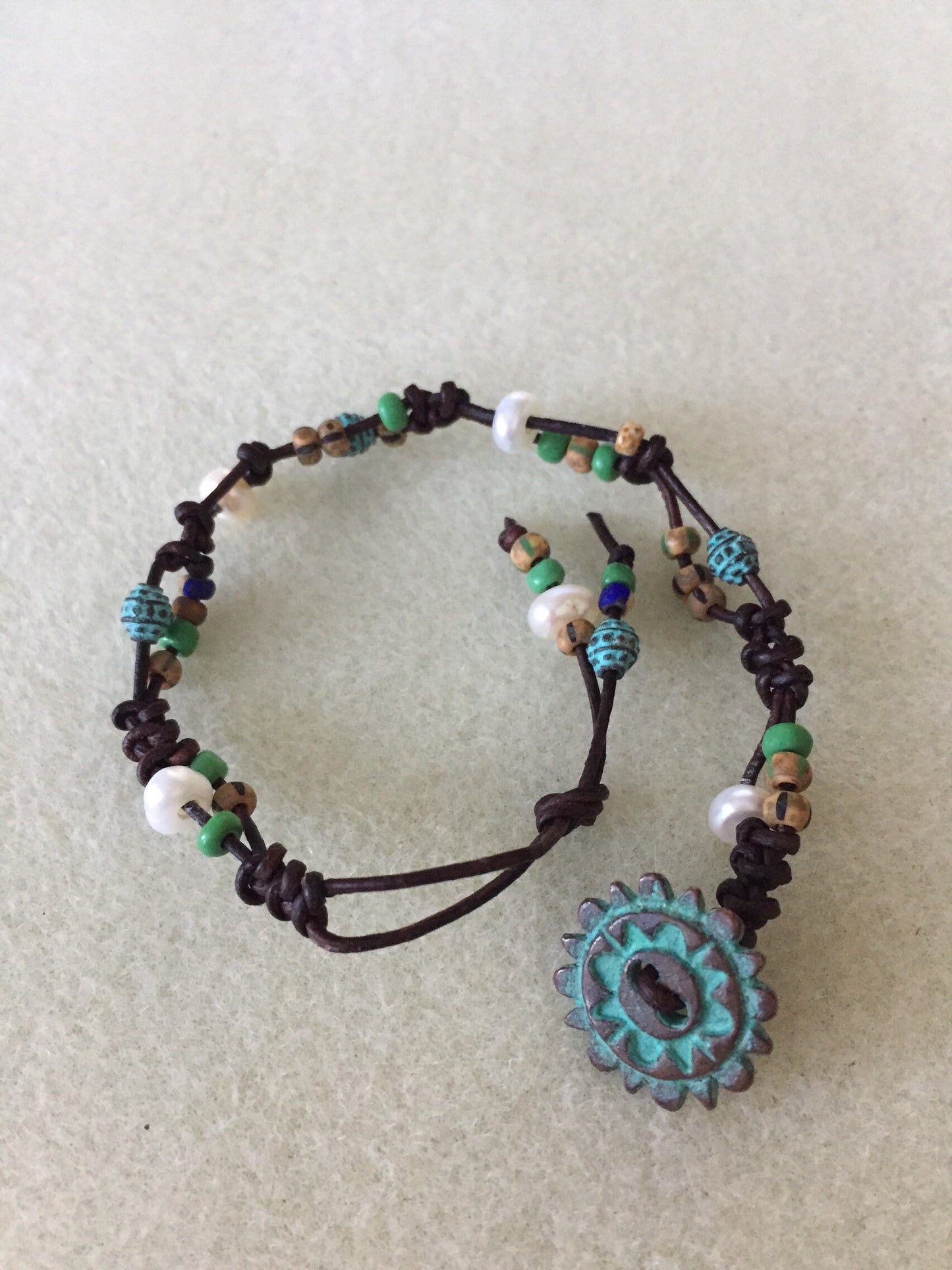 Leather, Pearls and Mykonos Beads Bracelet