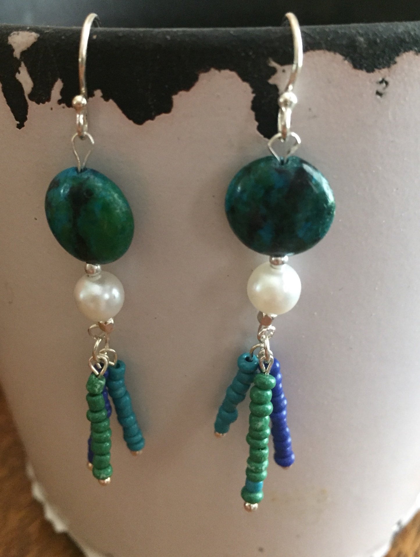 Colorful Azurite Chrysocolla Coin Shaped Bead with Seed Bead Dangles
