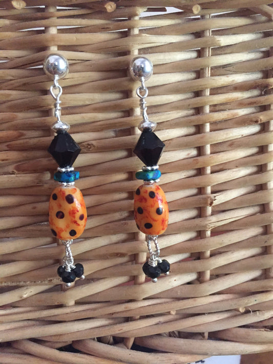 Sterling Silver, Hand Painted Animal Glass Beads and Swarovski Crystals Dangle Earrings