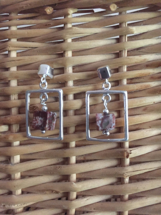 Sterling Silver Frame with Jasper Cube Dangles and S/S Cube Posts
