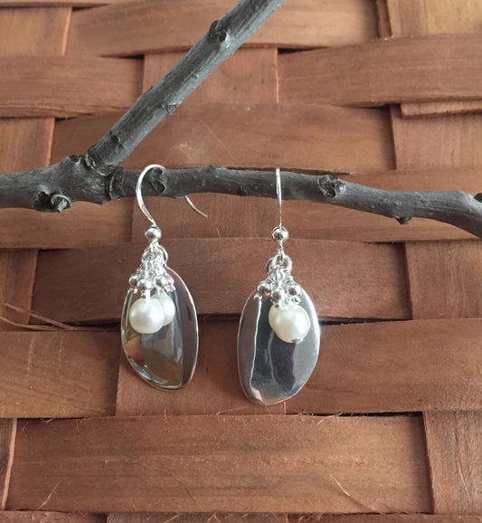 Organic, Modern Shaped Sterling Silver Discs with Pearl and SS Bead Dangle Earrings