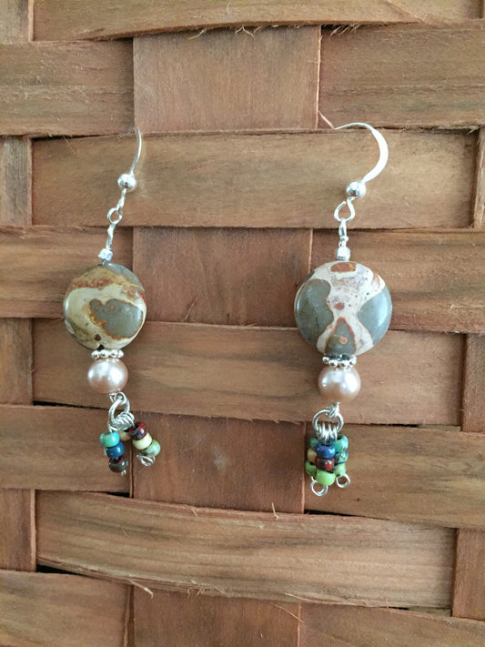 Sterling Silver Safari Jasper Coin Earrings with dangles