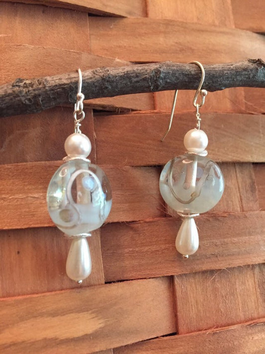 Sterling Silver Czech Lampwork and Pearl Beads Earrings