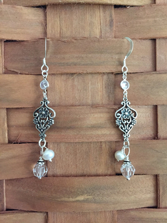 Sterling Silver Delicate Vintage Scroll Style Dangle Earrings