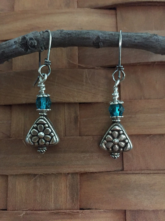 Sterling Silver Artisan Flower and Swarovski Crystal Earrings