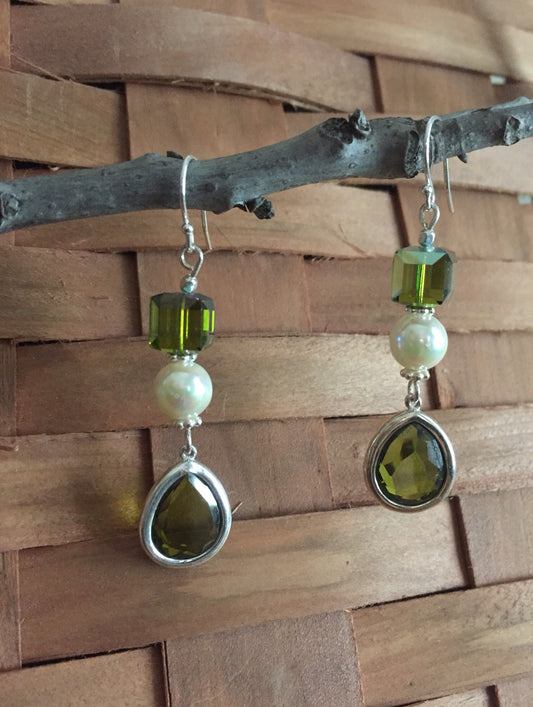 Sterling Silver and Green Crystal Dangle Earrings