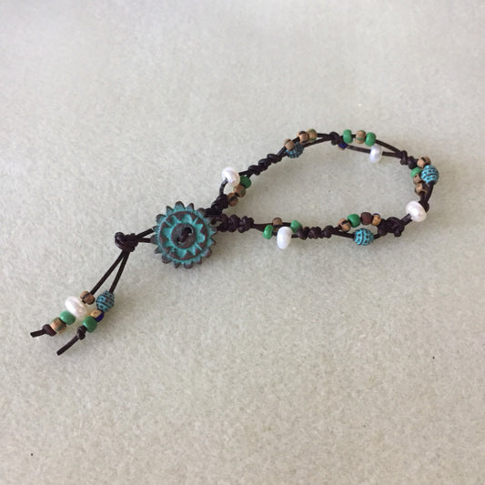 Leather, Pearls and Mykonos Beads Bracelet