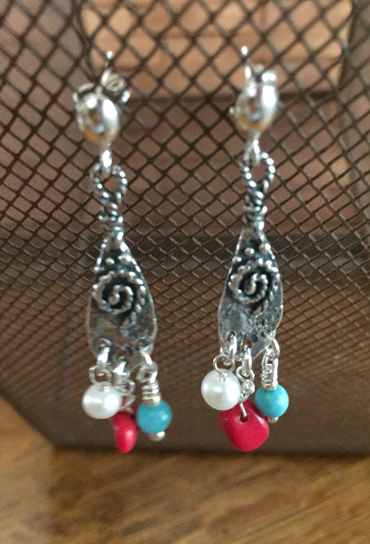 Sterling Silver Spiral Teardrop Earring with Tiny Bead Dangles