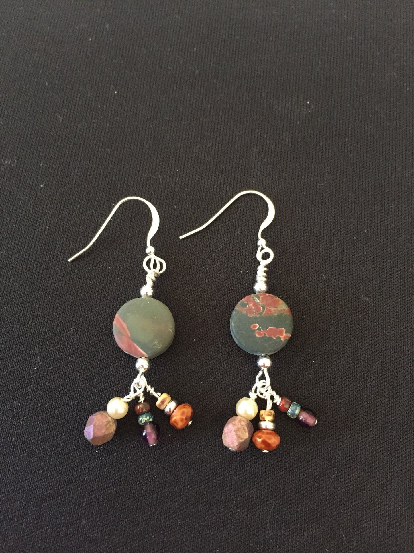 Sterling Silver, Jasper Coin Bead and Dainty Dangle Earrings