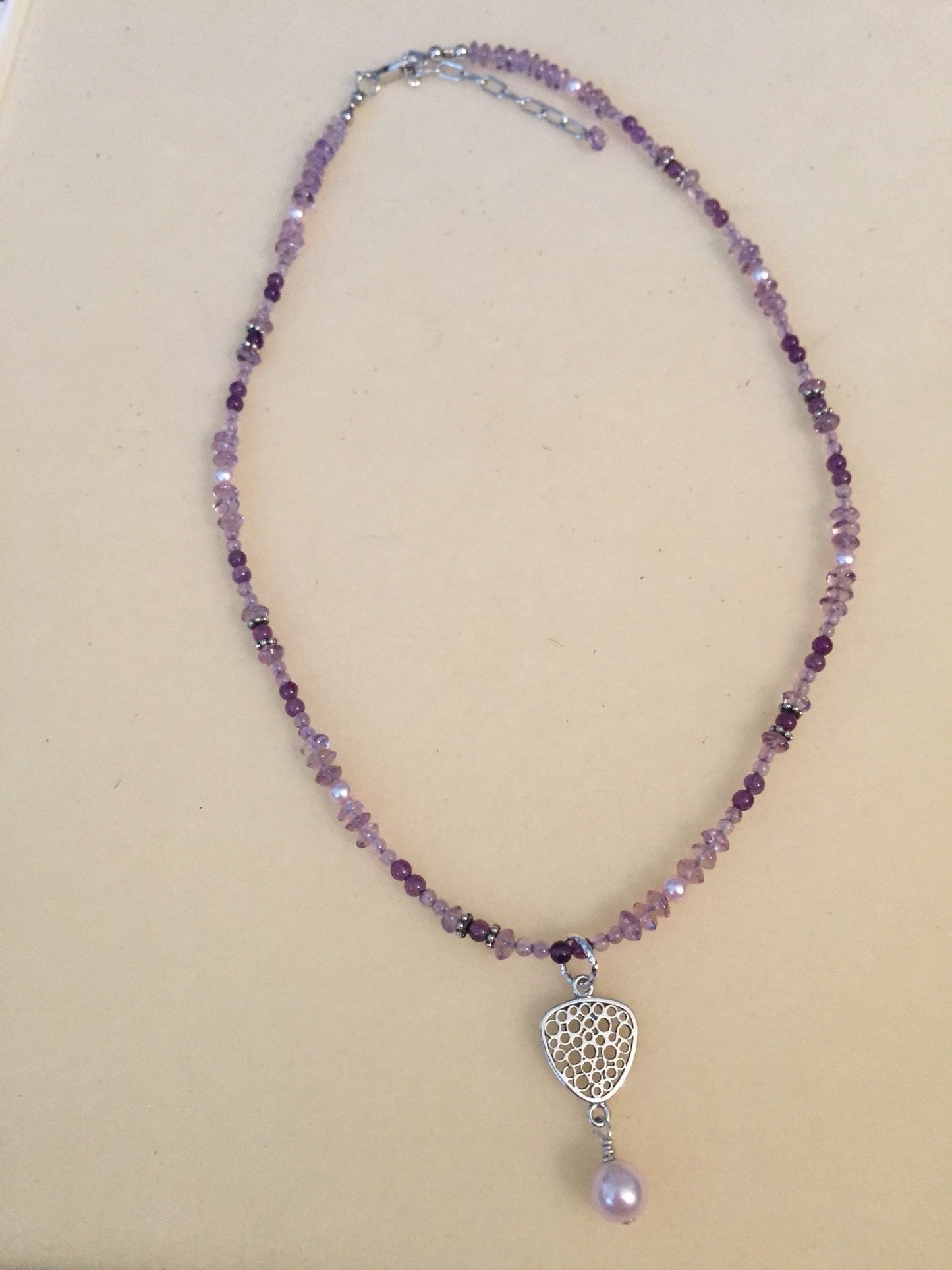 Amethyst and Sterling Silver with Pearl Bead Dangle Pendant