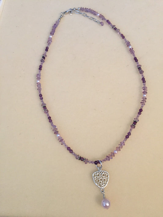 Amethyst and Sterling Silver with Pearl Bead Dangle Pendant