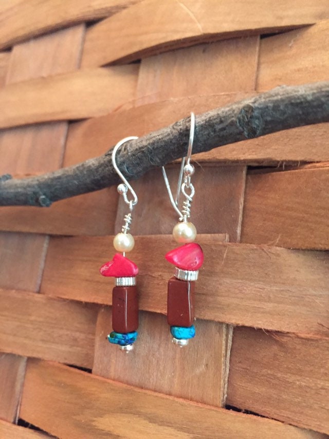 Sterling Silver with Organic Stones and Pearl Bead Dangles