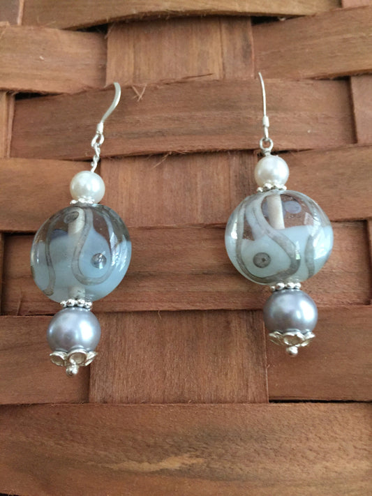 Sterling Silver Czech Lampwork Beads and Pearl Earrings