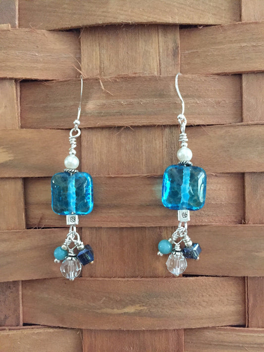 Sterling Silver, Blue Glass and Pearl Bead Dangle Earrings