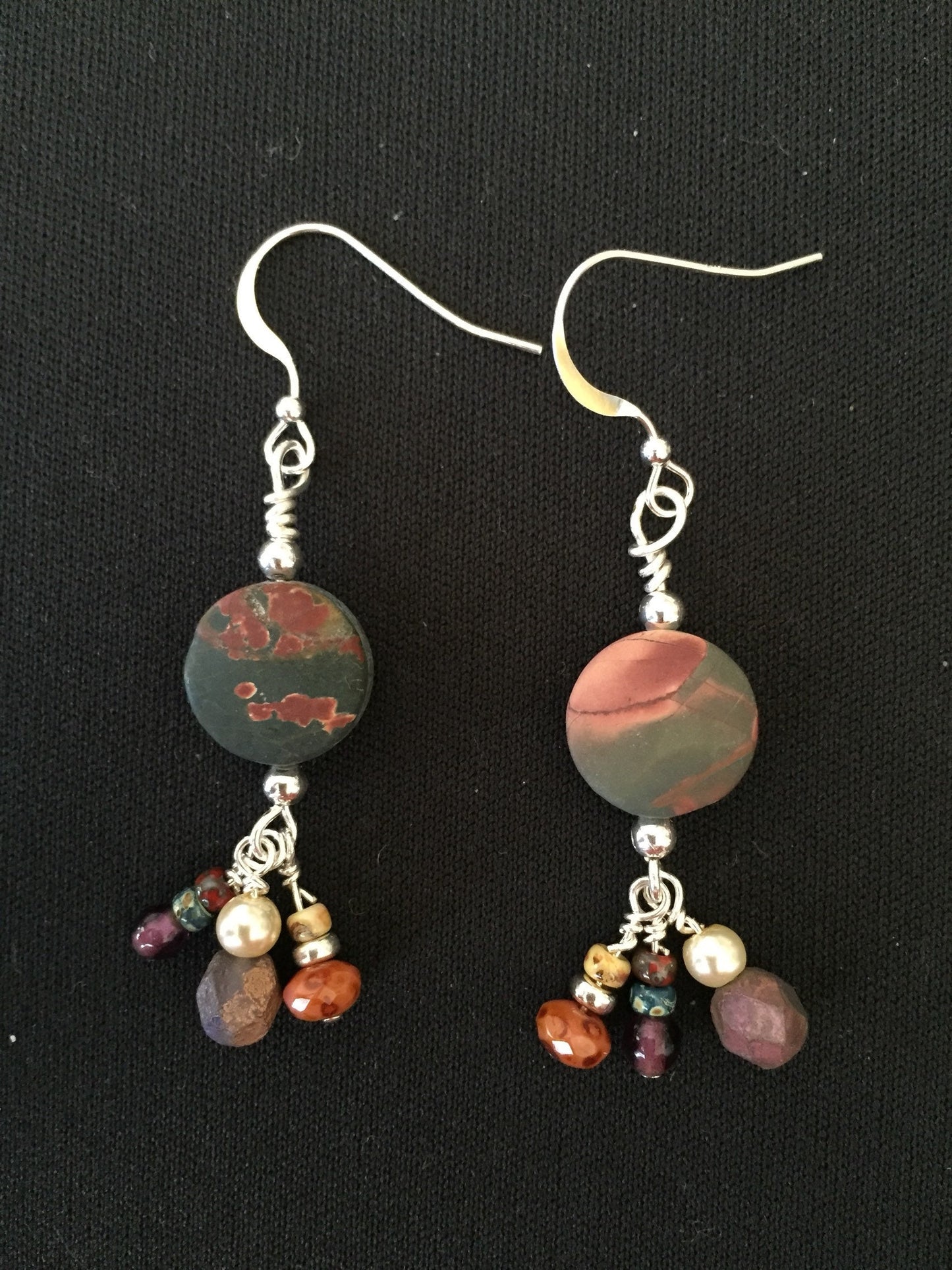 Sterling Silver, Jasper Coin Bead and Dainty Dangle Earrings