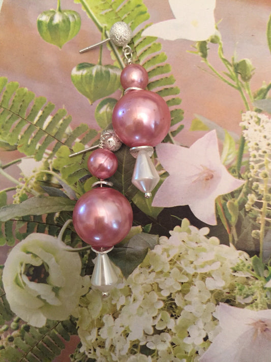 Sterling Silver Pink & White Pearl Bead Dangle Earrings