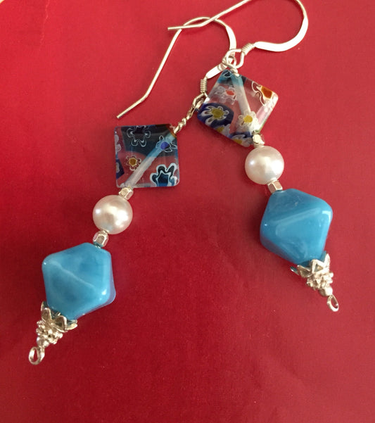 Sterling Silver, Millefiori Dangle Earrings