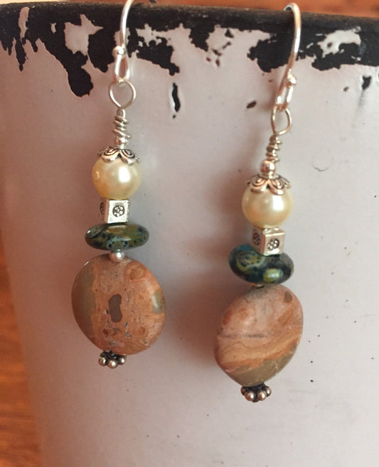 Sterling Silver, Jasper and Czech Glass Dangle Earrings