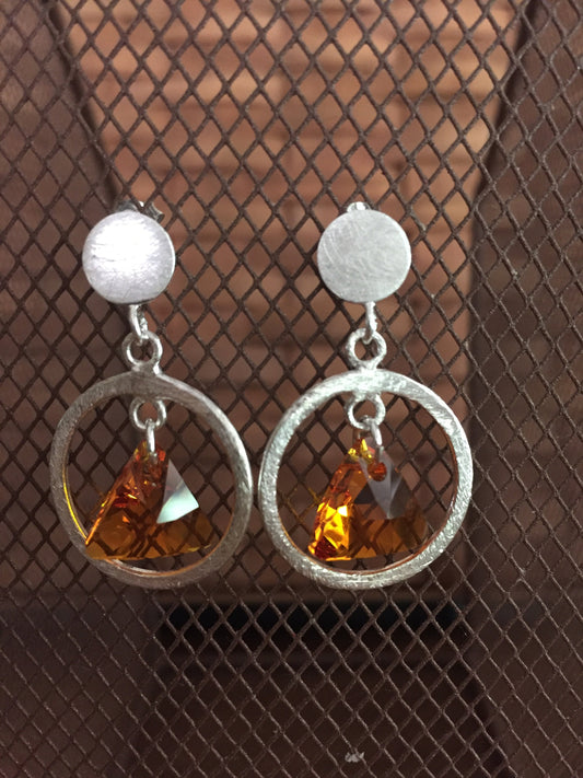Brushed Sterling Silver Circle with Swarovski Triangle Crystal Earrings