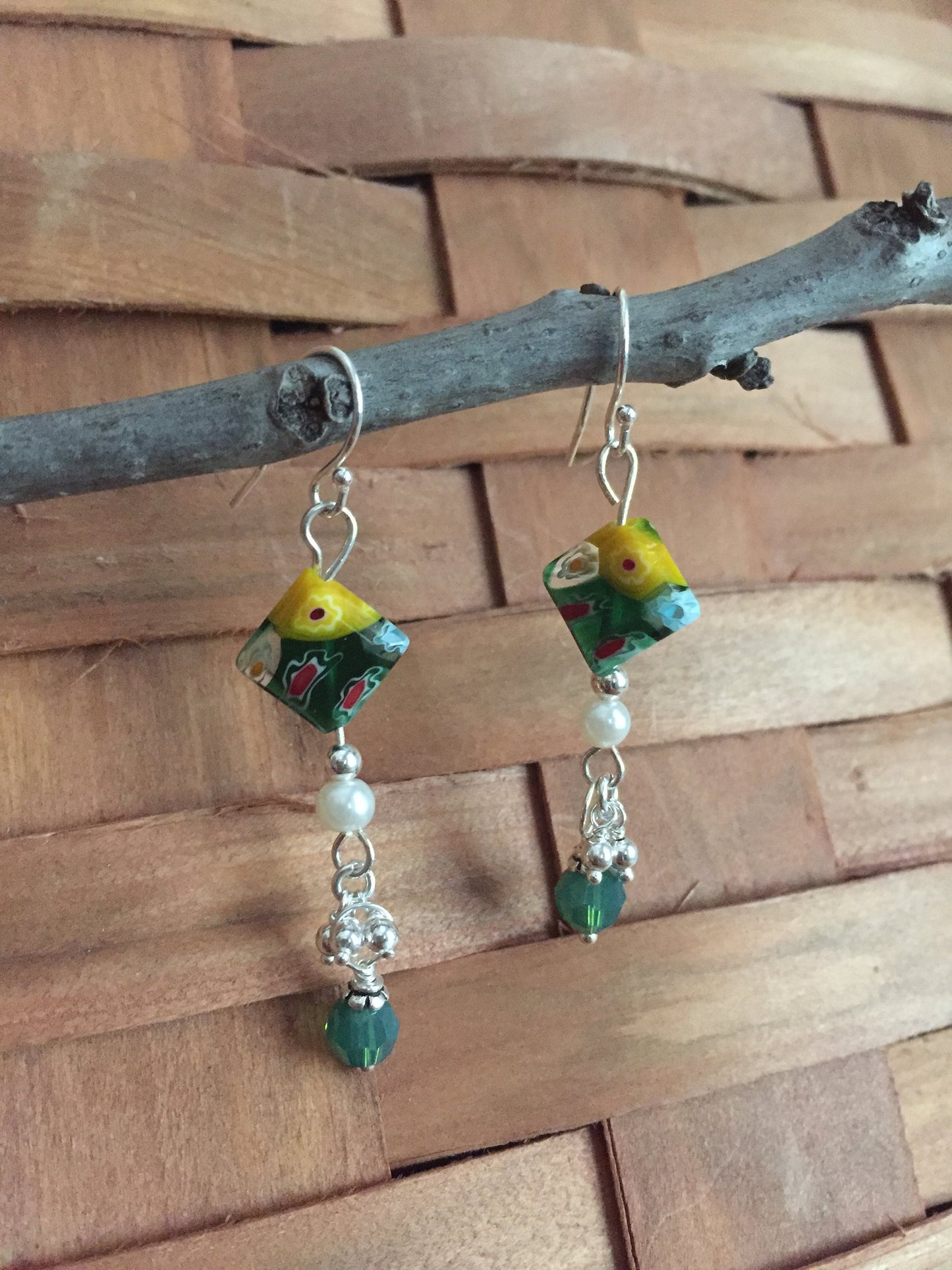 Sterling Silver, Millefiori, Pearl Beads Swarovski Crystals and Tiny S/S Bead Dangles