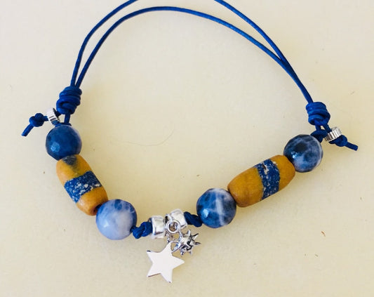 Leather African Trade Beads Sterling Silver Bracelet